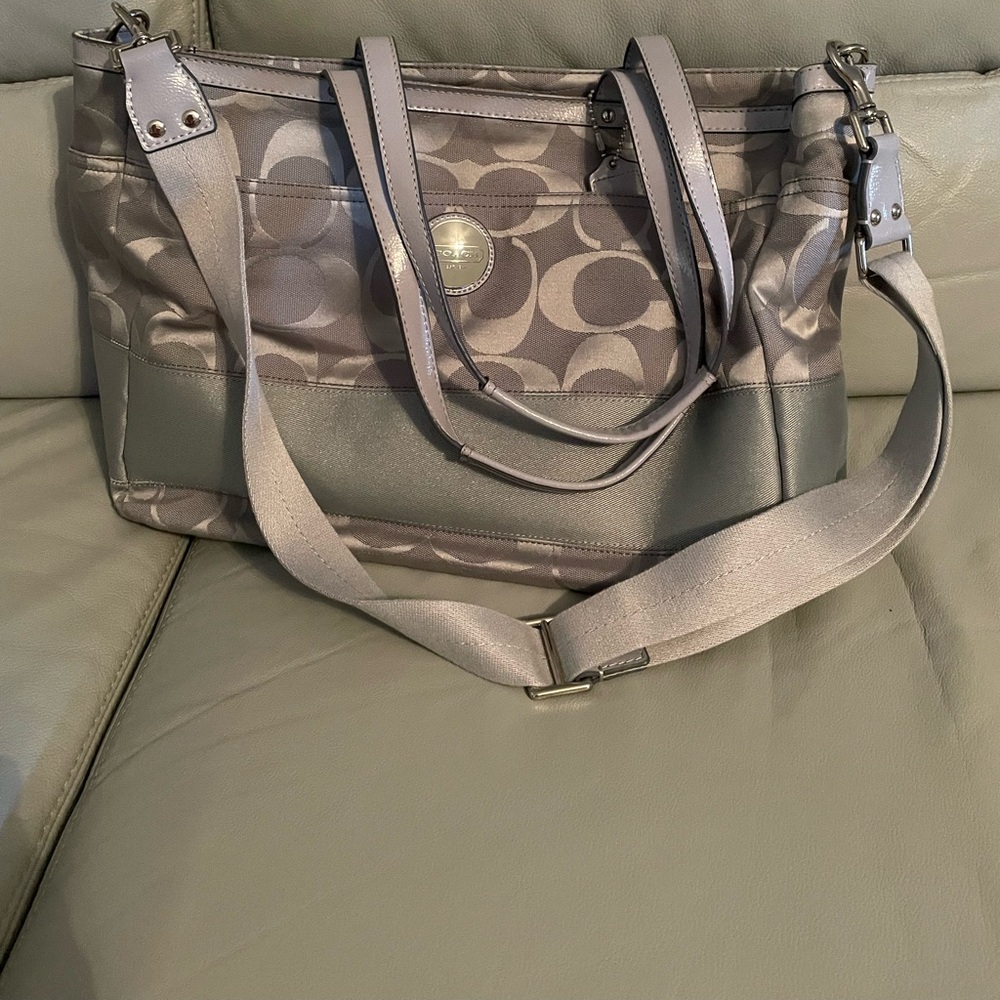 Coach Satchel, gray signature fabric, handle and shoulder strap - 16 x 11x 5.5